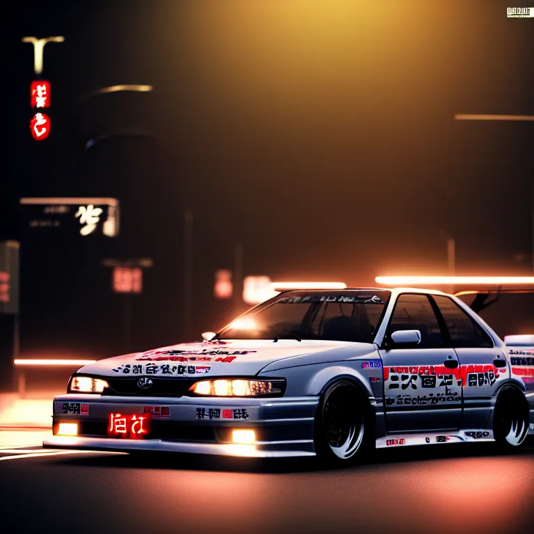 Image similar to Toyota JZX90 Drift, detailed-wheels, Shibuya prefecture, cinematic lighting, photorealistic, night photography, octane render