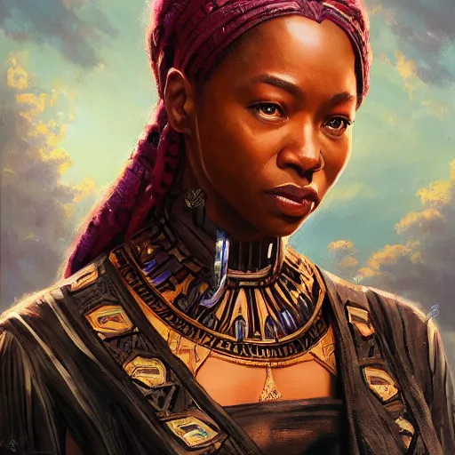 Prompt: portrait of a wakandan woman ( 3 5 ) from wakanda, an oil painting by ross tran and thomas kincade