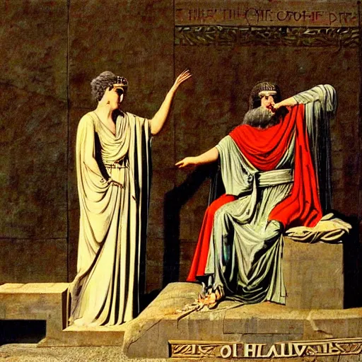 Prompt: the female oracle in delphi giving a prophecy to the king of thera, 6 3 0 bc