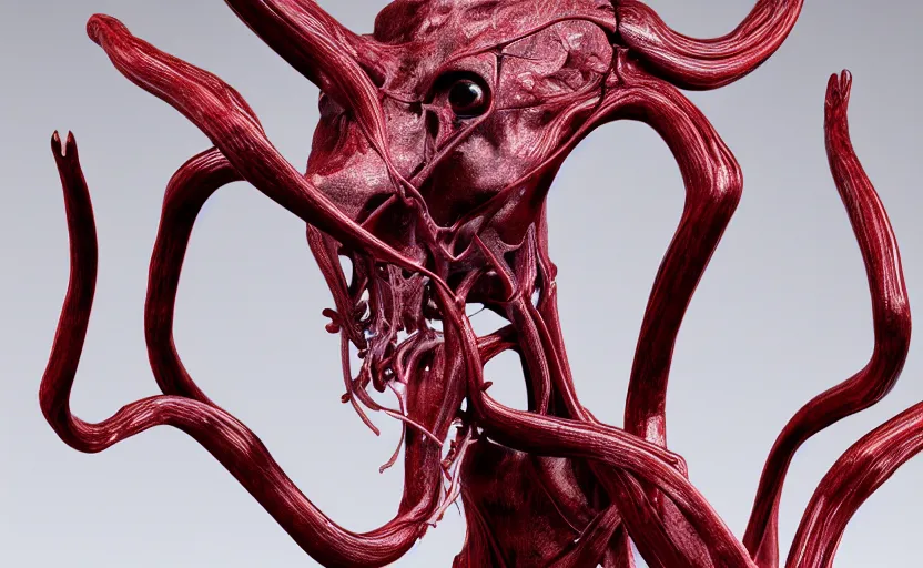 Prompt: anatomical deep red arteries veins flesh stylized shiny polished silver statue full body bizarre extra limbs cosmic horror quadruped animal cow bovine skull four legs made of creature tendrils perfect symmetrical body perfect symmetrical face hyper realistic hyper detailed by johannen voss by michelangelo octane render blender 8 k displayed in pure white studio room