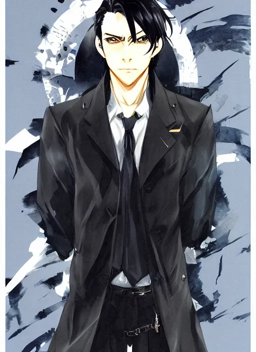 Image similar to portrait illustration by shigenori soejima, handsome male vampire, focus on face, pretty, cinematic lighting, painterly, long black hair, dark blue shirt and light brown trenchcoat