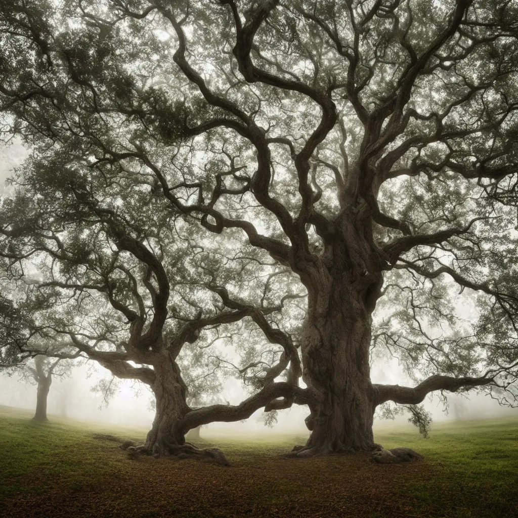 Prompt: old oak tree smoothly transitioning into four seasons of the year, with big tree hollow in the trunk, with ladder hanging down from the tree hollow, the tree is growing on a meadow partially covered with morning fog cinematic lighting, photo realistic image, 4K, super detailed, cinematic look