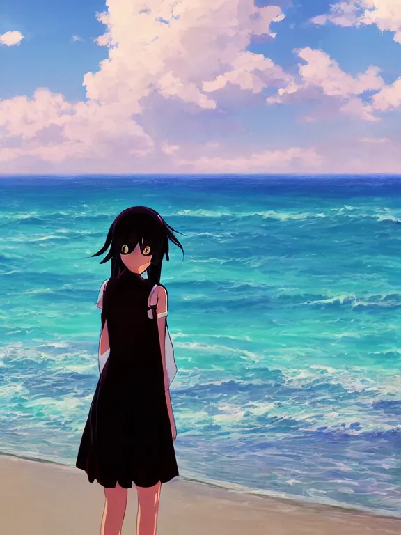 Prompt: Portrait of a happy anime woman on the beach near the ocean, by makoto shinkai