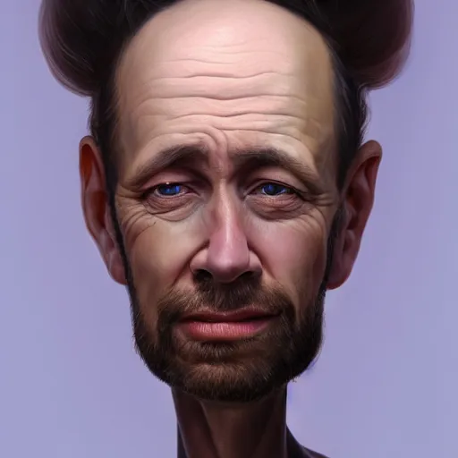 Image similar to funny head caricature, artgem, digital painting, color painting, hyperrealistic, concept art, oil painting, masterpiece, concept art, trending on deviantart, realistic and detailed face, highly detailed, high quality, 8 k, soft lighting, fancy colors, fantasy, cinematic, high coherence