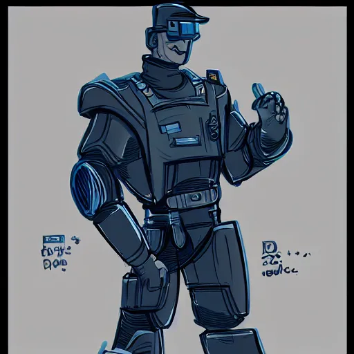 Prompt: Character design police man, man in dark blue full, concept art character, very high angle view,left arm of the robot, book cover, very attractive man with beard, walking in cyberpunk valley highly detailed full body, strong masculine features, sturdy body, command presence, police man!!, royalty, smooth, sharp focus, organic, appealing, deep shadows, sketch lineart for character design