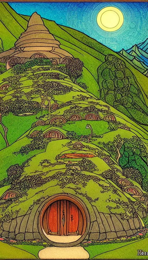 Image similar to hobbit monastery on hawaii, solarpunk, permaculture, by ivan bilibin,