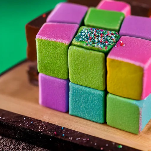 Image similar to photograph of a marshmallow cube with sprinkles on a dark wooden chopping board, chocolate drizzle, green pastel colours, hessian cloth, styled food photography, photorealistic, 4 k