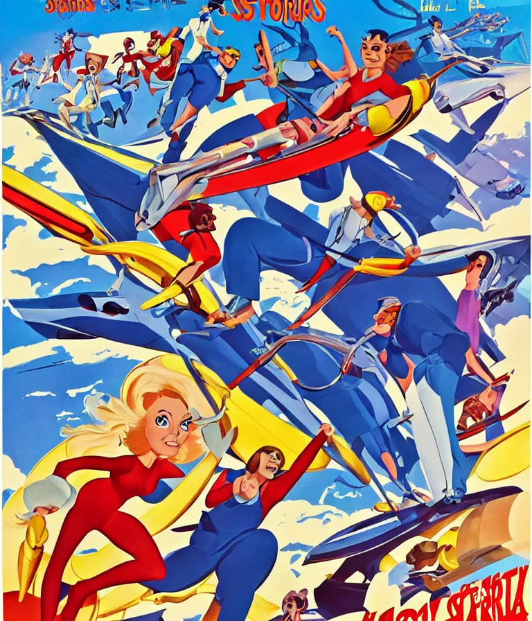 Image similar to Hannah Barbera cartoons of Five Star Stories as Whacky Races, promotional poster super detailed , xpensive production, realistic style, gouache colors, Hollywood retro cartoon poster, golden era of animation work