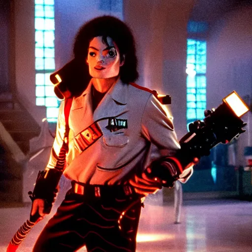 Image similar to stunning awe inspiring michael jackson playing a ghostbuster in the movie ghostbusters, movie still 8 k hdr atmospheric lighting