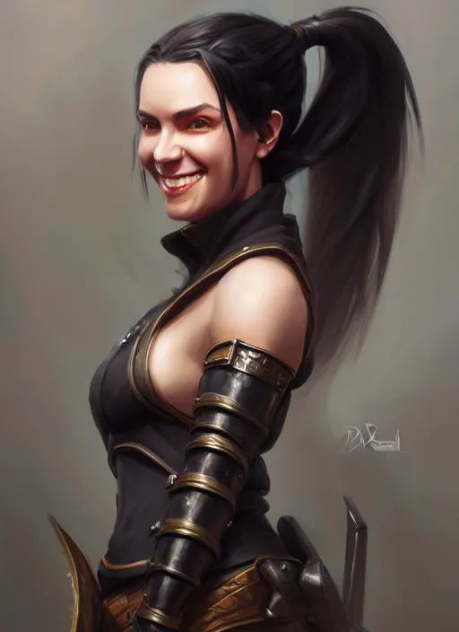 Prompt: a _ fantasy _ style _ portrait _ painting _ of woman, ponytail black hair, smile, round face, rpg dnd oil _ painting _ unreal _ 5 _ daz. _ rpg _ portrait _ extremely _ detailed _ artgerm _ greg _ rutkowski _ greg