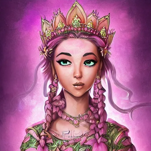 Prompt: pink lotus flower queen wearing pink floral lotus crown, hearthstone art style, epic fantasy style art, fantasy epic digital art, epic fantasy card game art