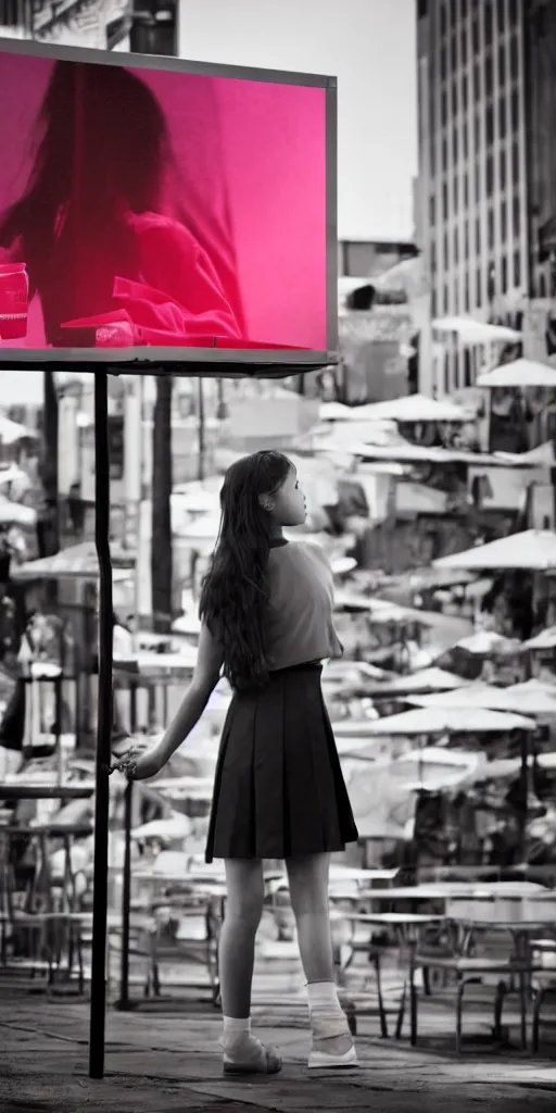 Image similar to movie still of a school girl at an outdoor food stand, she is looking at a white billboard, hyper realism, rack focus, close establishing shot, empty street, monochromatic, red neon, soft dramatic lighting, 4 k digital camera