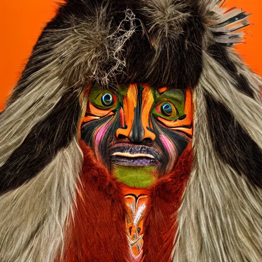 Prompt: a photography of a shamanic creature with big painted eyes and multiple layers of fabric and fur by charles freger