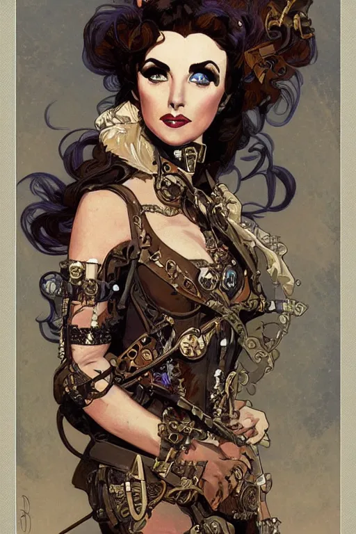 Prompt: evil elizabeth taylor steampunk half - cyborg cowgirl, pelt coats, high fantasy, dnd, smooth, sharp focus, illustration, highly detailed, digital painting, artstation, concept art, by alphonse mucha, frank fanzzeta, collectible card art