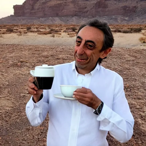 Prompt: eric zemmour drinking tea in the desert wearing a djellabah