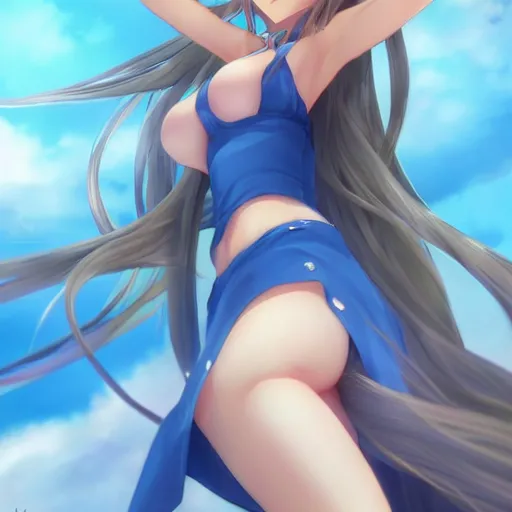 Image similar to a very beautiful mature yuuki asuna, full body, long wavy blond hair, sky blue eyes, full round face, bikini, miniskirt, front view, mid - shot, highly detailed, cinematic wallpaper by stanley artgerm lau