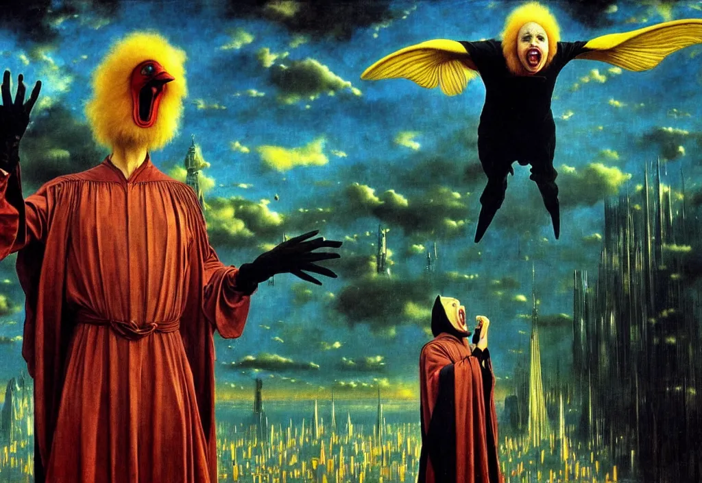 Image similar to realistic detailed portrait movie shot of a screaming birdman wearing black robes, sci fi city landscape background by denis villeneuve, amano, yves tanguy, alphonse mucha, ernst haeckel, max ernst, roger dean, masterpiece, rich moody colours, blue eyes