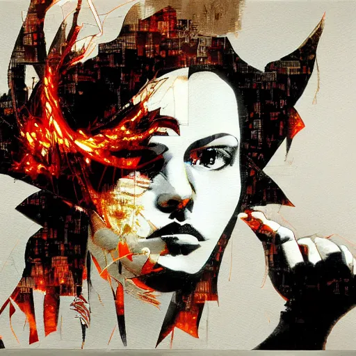 Image similar to she is burning her digital past with glitched flames made of bits, oil on canvas by dave mckean and yoji shinkawa