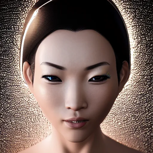 Image similar to asian woman closeup face portrait, face covered with chrome liquid stripes and glowing gems, highly detailed face, elegant pose, intricate, extremy detailed, cgsociety, unreal engine, octane render,, highly detailed 4 k art