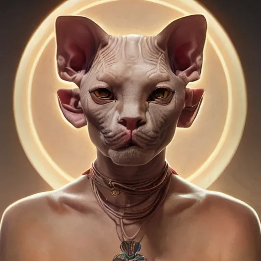 Prompt: godlike sphynx cat, animal sphynx cat, anthropomorphic sphynx cat, deity, holy robes, holy light aura, ultra details, art by artgerm, dwayne barlowe, trending on artstation and greg rutkowski and alphonse mucha, 8 k