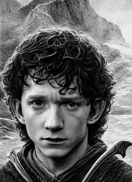 Prompt: portrait of tom holland as frodo, hobbit holding a gold ring with engravings, by alan lee, lord of the rings, smooth, detailed terrain, oil painting, matte painting, concept art, trending on artstation, promotional artwork, film still, elegant, photorealistic facial features, intricate, detailed face, cinematic lighting