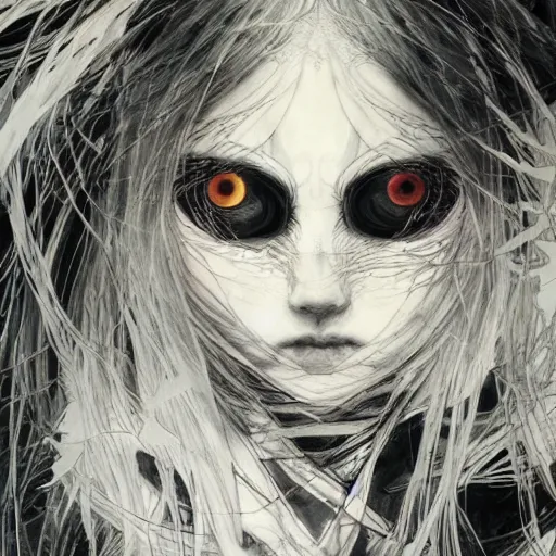 Image similar to yoshitaka amano blurred and dreamy illustration of an anime girl with pirate eye patch, wavy white hair and cracks on her face wearing elden ring armour with the cape fluttering in the wind, abstract black and white patterns on the background, noisy film grain effect, highly detailed, renaissance oil painting, weird portrait angle