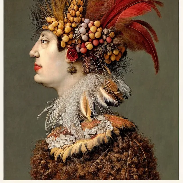 Prompt: a beautiful profile portrait of a beautiful contemporary female, various feathers, by giuseppe arcimboldo, photo realistic, realistic materials.