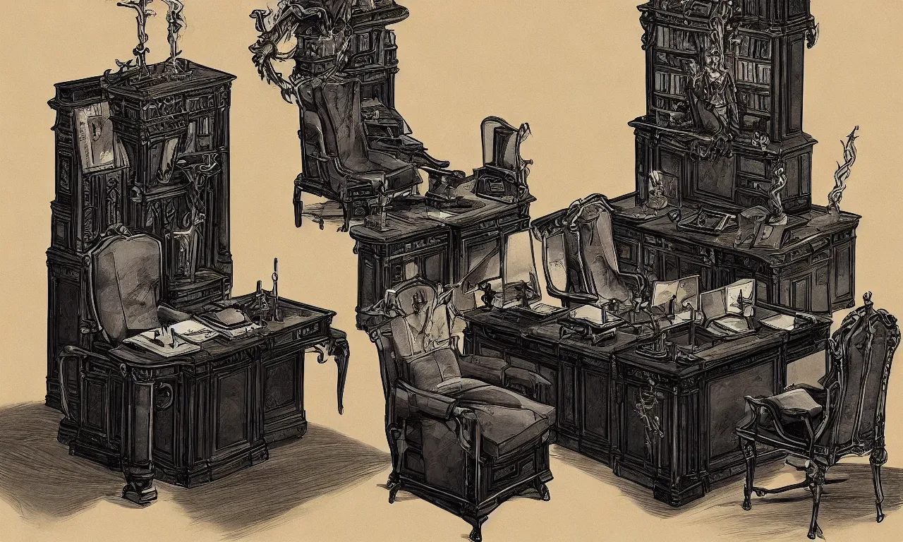 Prompt: demonic executive office with high back chair with onyx finishes, by asher brown durand, trending on artstation, 8 k resolution, dieselpunk, demonic symbols