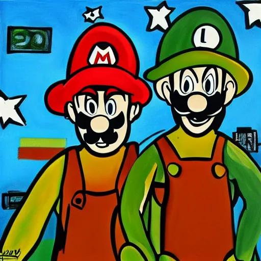 Image similar to a painting of mario and luigi in the style of stanley donwood