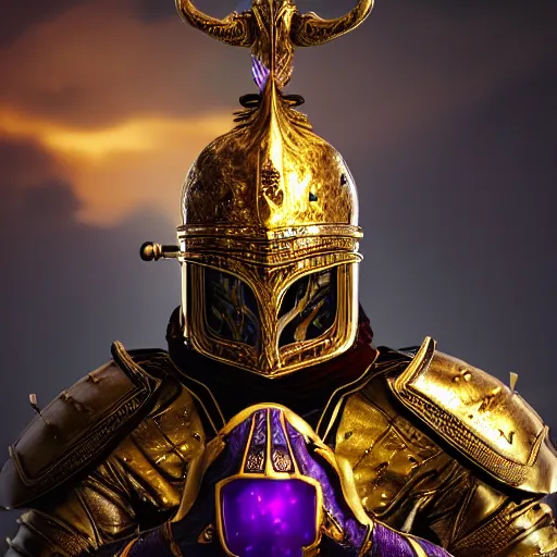 Image similar to a highly detailed knight with glowing purple eyes in a T golden helmet and a golden crown with a blue diamond in the center, golden armor, leather clothes under the armor, leather gloves, holds a black sword, artstation, DeviantArt, professional, octane render, sunset lighting