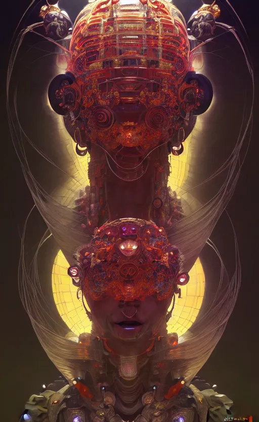 Image similar to asura from chinese myth, ghost, gorgeous and huge head ornaments, dystopian, cyberpunk, organic fractal mycelum and fungi, mecha, halfturn portrait of a big crystal face made of crystals half - turn, ominous, intricate, studio, art by anthony macbain + greg rutkowski + alphonse mucha, concept art, 4 k, sharp focus