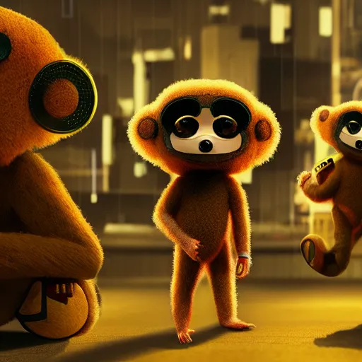 Image similar to Cheburashka, cyberpunk 4k 3d art