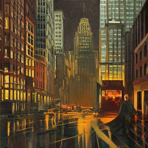 Image similar to muted color ultra realistic painting of 1 9 2 5 boston downtown at night in doctor strange's mirror dimension, dark, brooding, night, atmospheric, horror, cosmic, ultra - realistic, smooth, highly detailed in the style of clyde caldwell