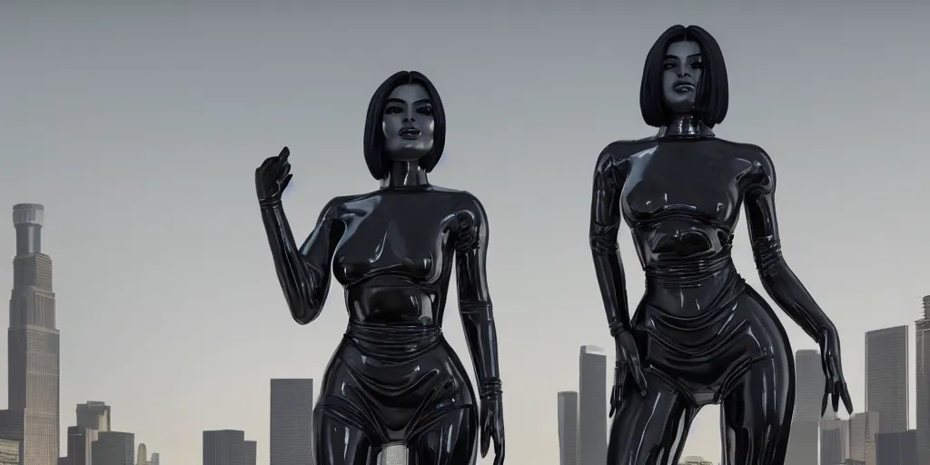 Image similar to cinematic wide angle view of a dystopian kylie jenner statue in the middle of los angeles being worshipped by shadow figures, orwellian, by neil blevins, high detail, digital art, pop art style, death stranding art style, cinematic lighting, artstation, cgsociety, unreal engine 5 render, octane render, 3 5 mm film grain