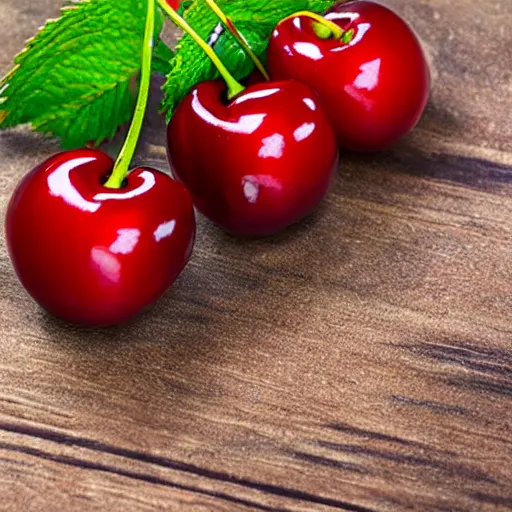 Image similar to Photo realistic three fresh cherries on a table