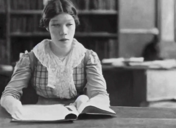 Prompt: A movie still of Lea Seydoux as school teacher in 1913 silent movie.