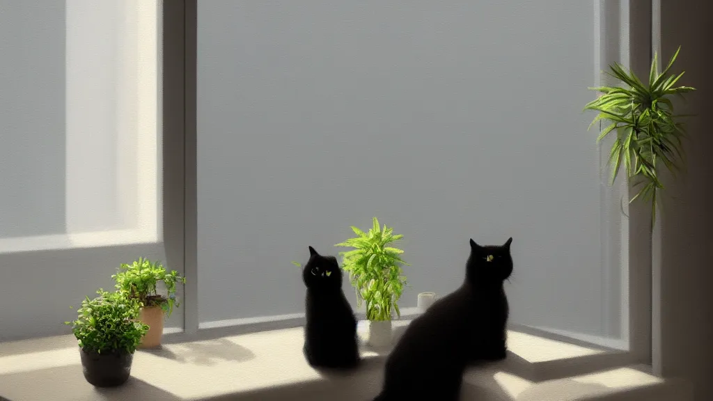 Image similar to peaceful dreamy oil painting of a content black cat sitting by a window and looking outside, sunshine coming through the window, small plants on the window sill, 8k, hyper realism, trending on artstation, octane render