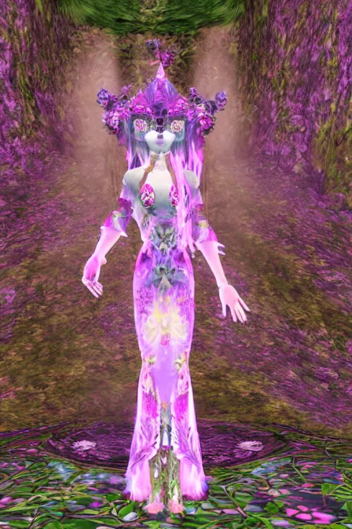 Prompt: cute female forest spirit wearing floral cybernetic hungarian valentino resort mystical angelic dress in a 3 d psx ps 2 jrpg style, overgrown esoteric cyber cathedral sanctuary, fashion gameplay screenshot, highly detailed, morning pink gold light