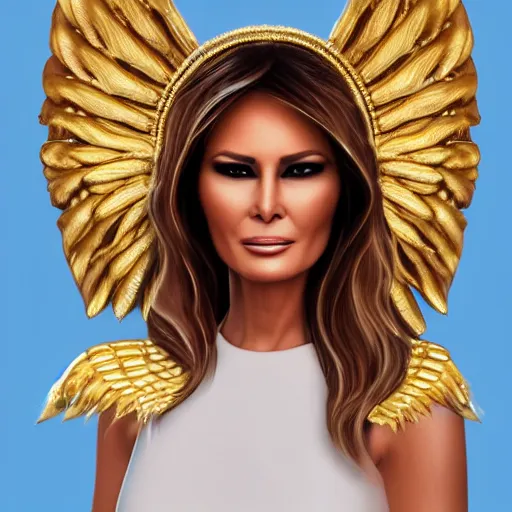 Image similar to melania trump with golden pharaoh headdress, and angel wings, elegant, angelic, trending on artstation