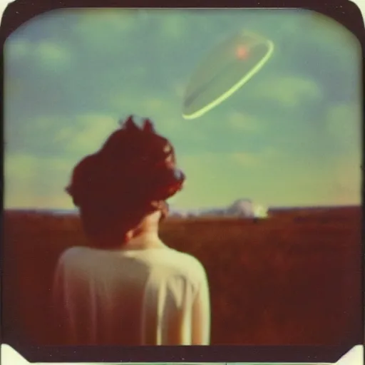 Image similar to vintage polaroid of a beautiful woman spotting a ufo in the sky, seen from behind, detailed clouds, warm azure tones, red color bleed, film grain