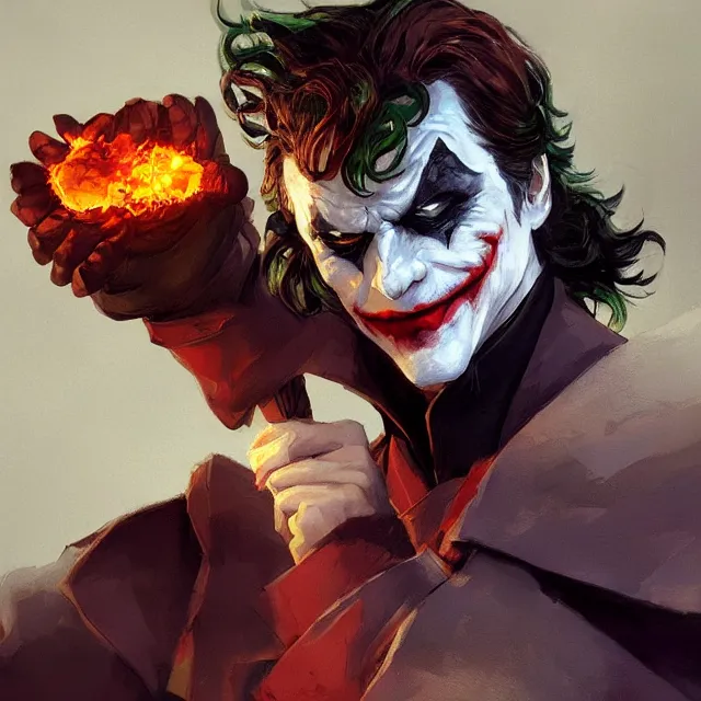 Image similar to joker as a firebender, portrait, elegant, intricate, digital painting, artstation, concept art, smooth, sharp focus, illustration, art by konstantin korovin and daniel f. gerhartz and john howe