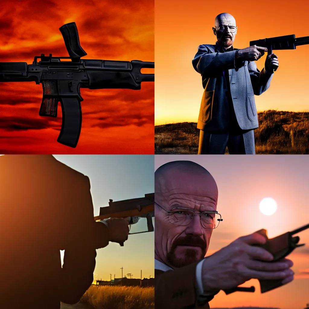 Prompt: Photo Of Walter White Holding A AK-47, Sunset, In A City, 4K