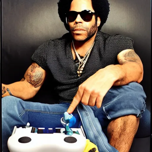 Prompt: lenny kravitz playing smash brothers on the gamecube, digital photography,