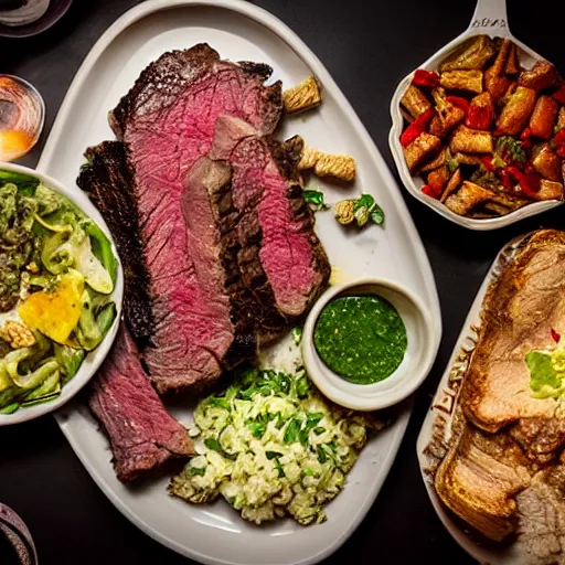 Image similar to the main course and sides of a texas steakhouse, food photography