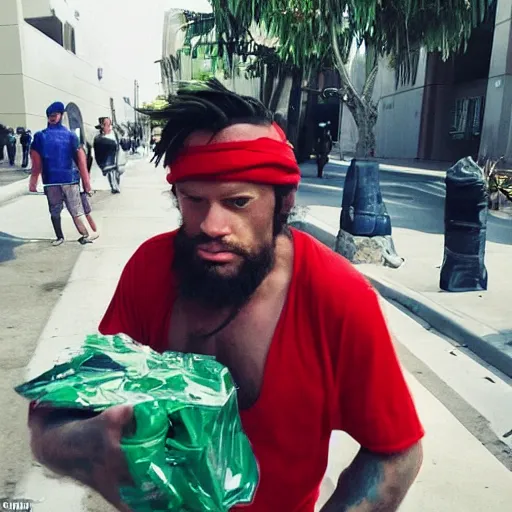 Prompt: a candid photo of Captain Planet homeless and looking for handouts on the streets of LA