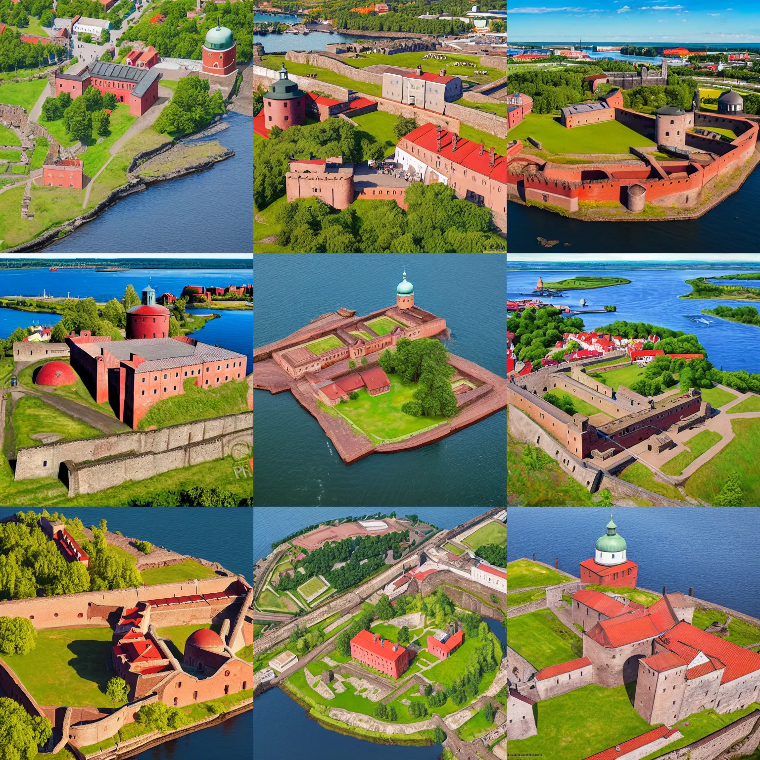 Prompt: suomenlinna fortress, helsinki, finland, aerial photograph, hyper realistic, medieval painting