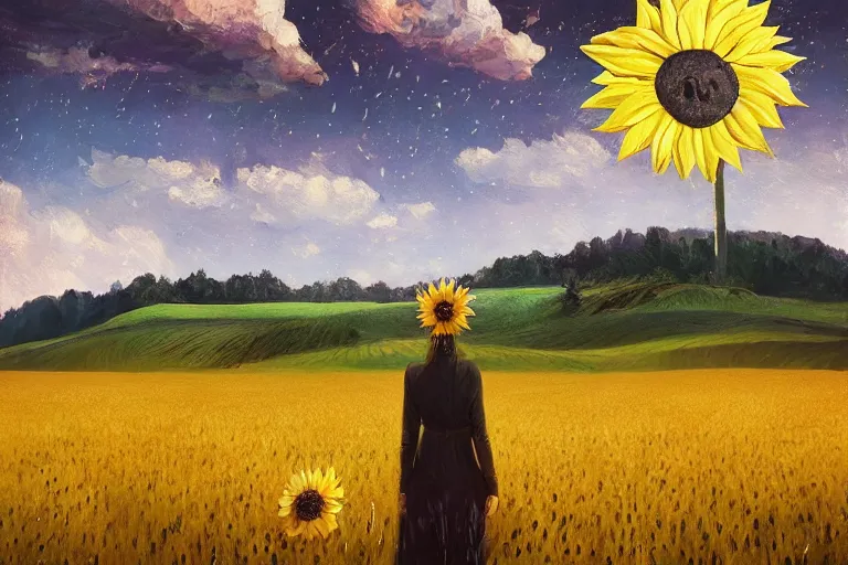 Image similar to giant sunflower as a head, girl walking in wheat field, hills, surreal photography, dark night, star trails, dramatic light, impressionist painting, clouds, digital painting, artstation, simon stalenhag