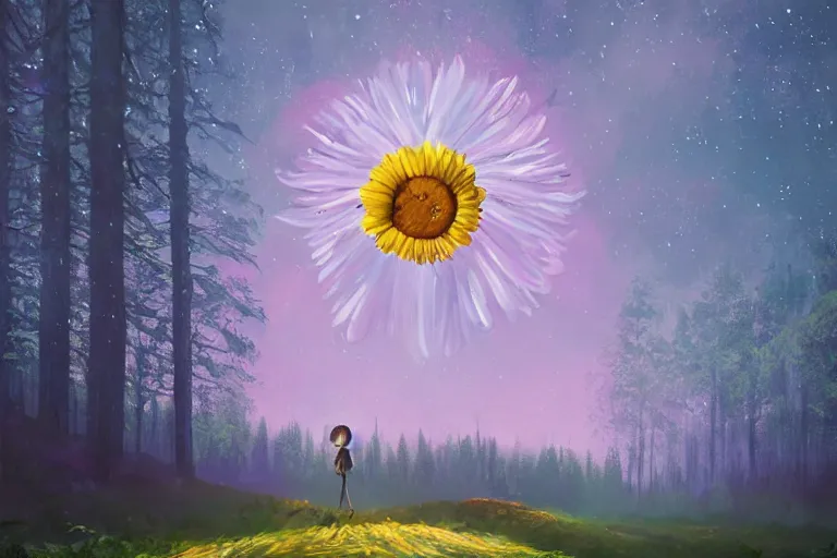 Image similar to giant daisy flower as a head, girl walking forest, big trees, hills, surreal photography, dark night, star trails, moon light, impressionist painting, clouds, digital painting, artstation, simon stalenhag