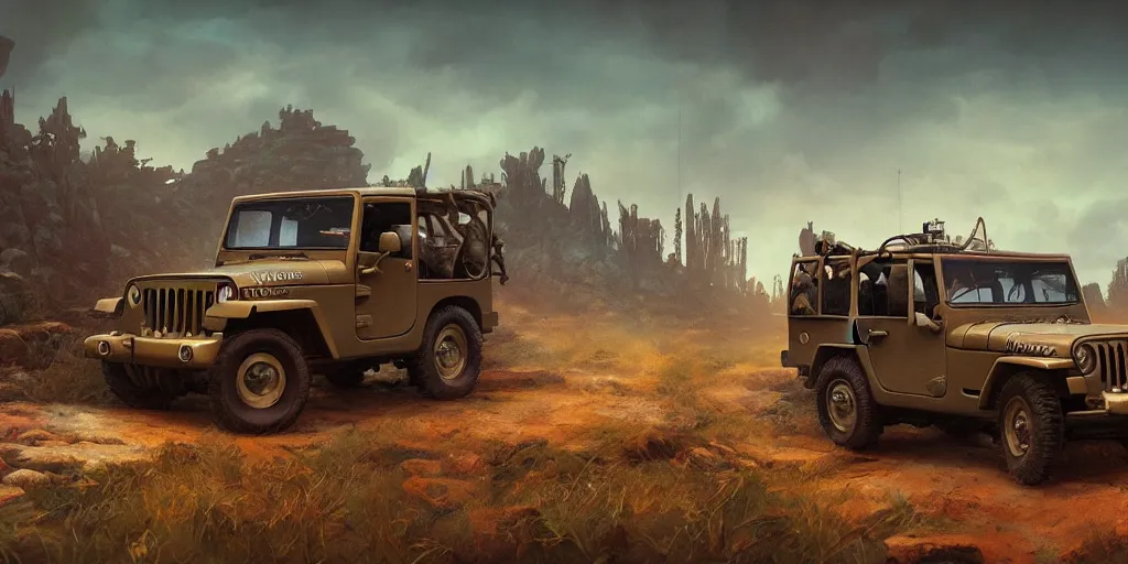 Image similar to Jeep Willys, an epic fantasy, dramatic lighting, cinematic, establishing shot, extremely high detail, photorealistic, cinematic lighting, artstation, by simon stalenhag, horizon forbidden west