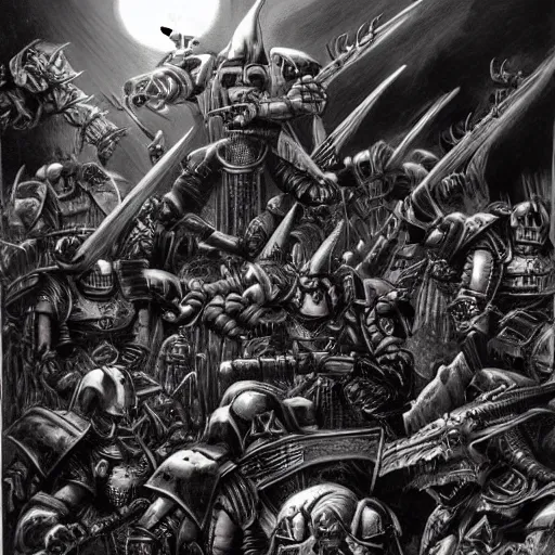 Prompt: Battle of the Imperial Guard on the planet against the Tyranids, Warhammer 40,000, Drawing in a dark Gothic style, super quality, Artist - Phil Moss